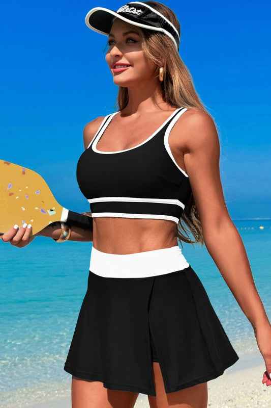 Color Block Two Pieces High Waisted Skirt Swimsuit