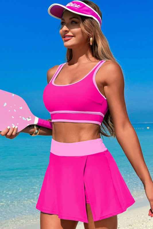 Color Block Two Pieces High Waisted Skirt Swimsuit