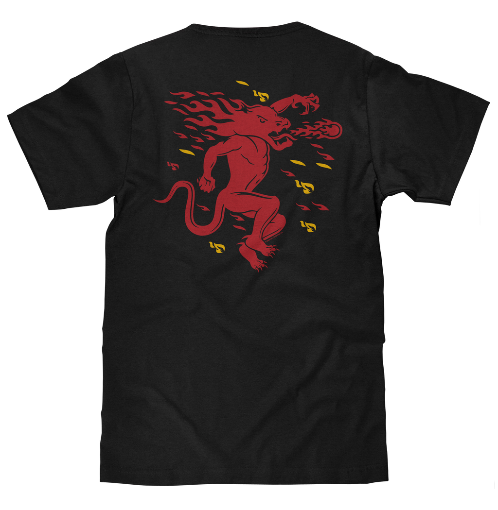 Fireball Whisky Left Chest Front and Back Dragon Mascot Logo T-Shirt - Black