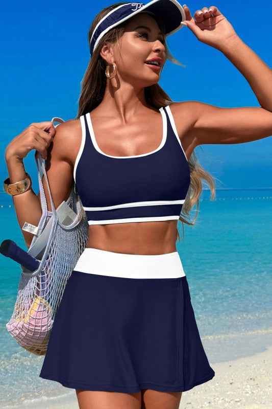 Color Block Two Pieces High Waisted Skirt Swimsuit