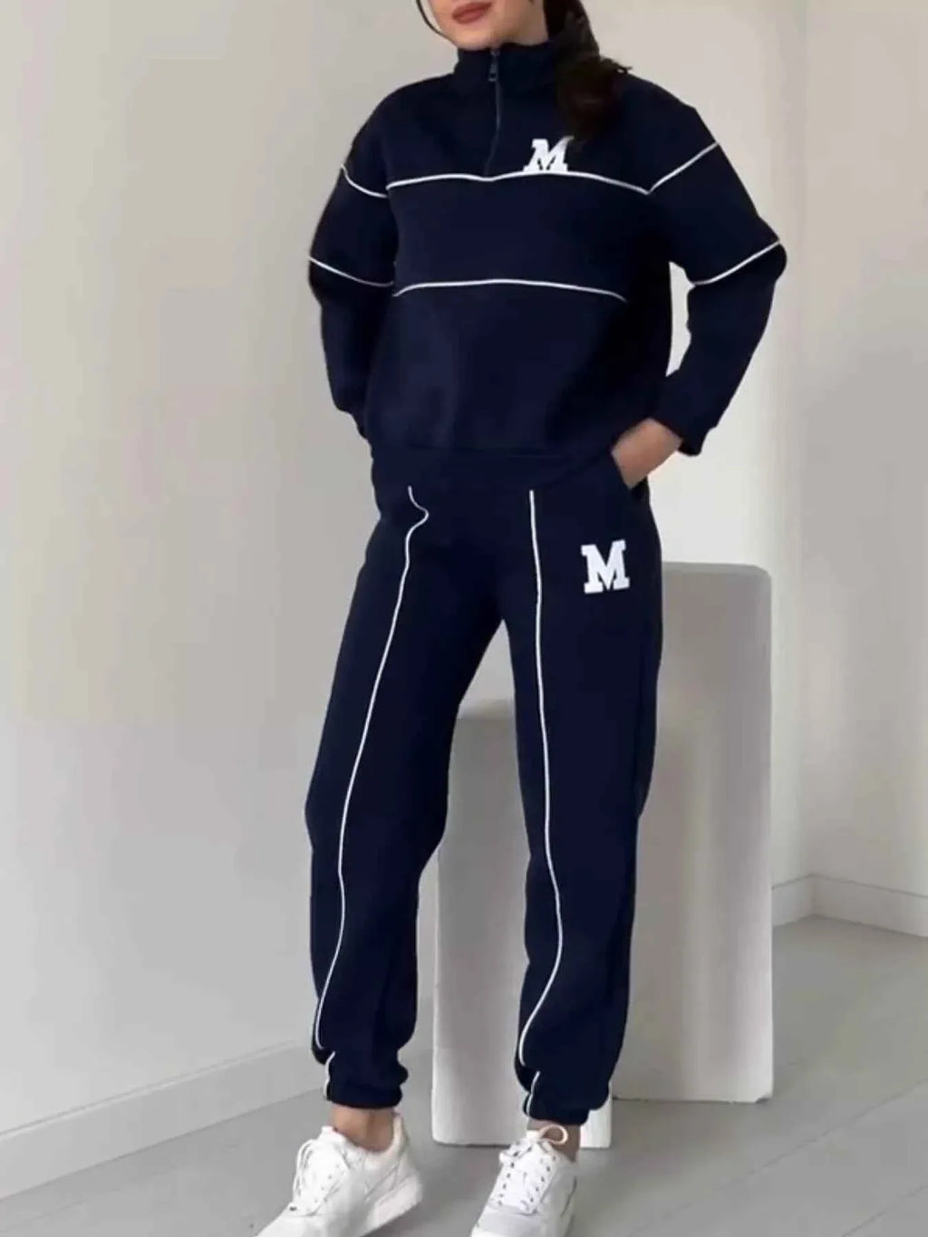 Full Size Striped Quarter Zip Top and Pants Set Plus Size