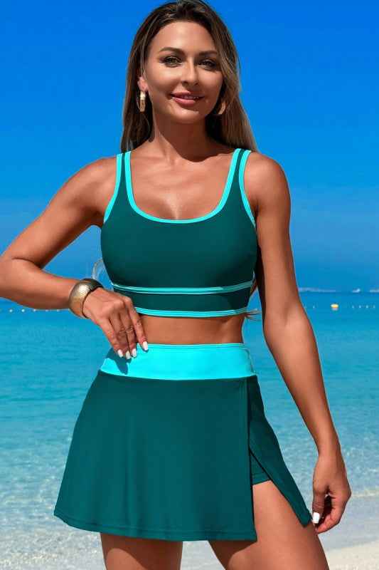 Color Block Two Pieces High Waisted Skirt Swimsuit