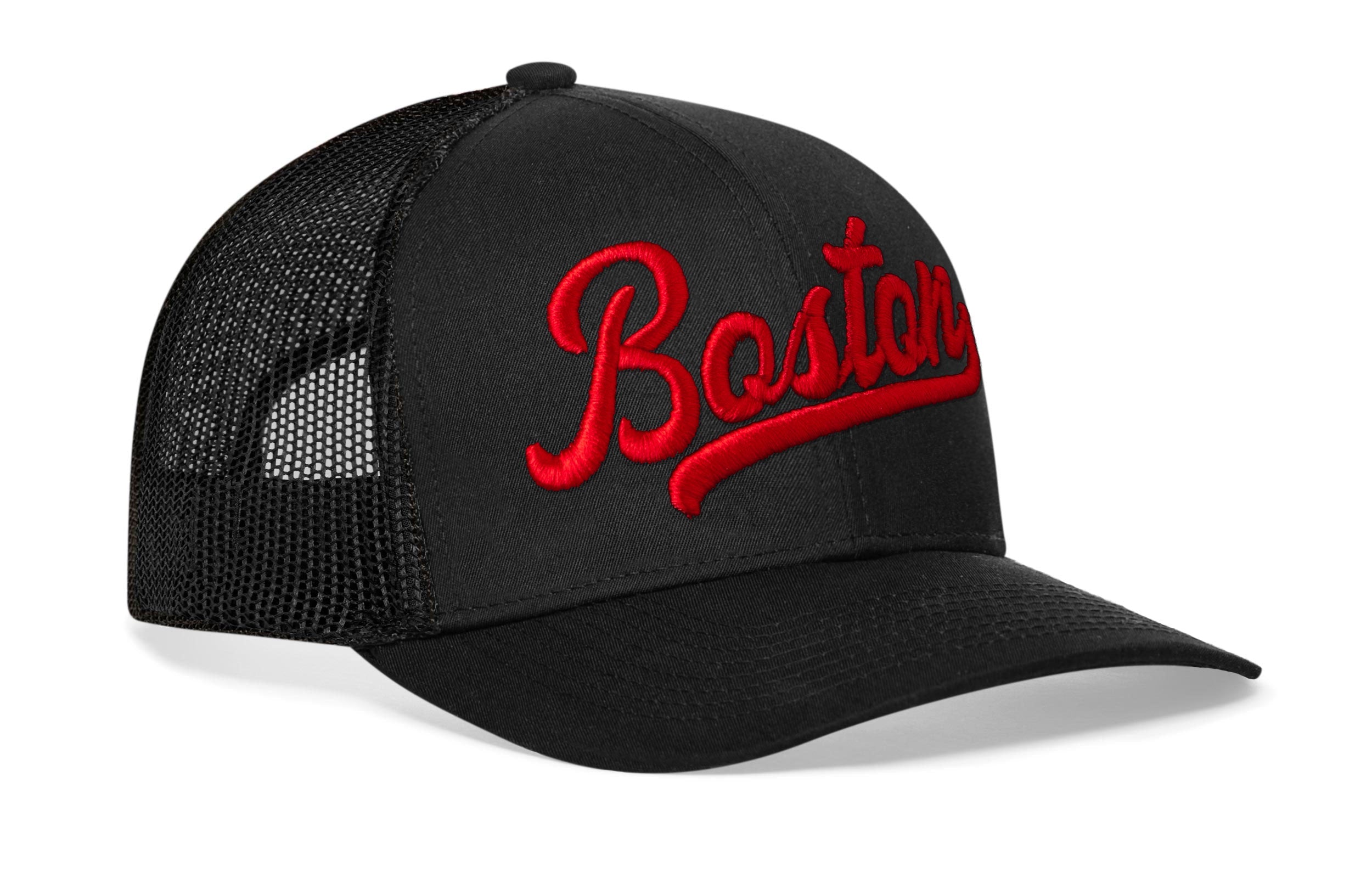 Boston Red Script Trucker Hat  |  Black Massachusetts Snapback