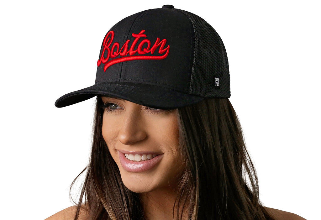 Boston Red Script Trucker Hat  |  Black Massachusetts Snapback