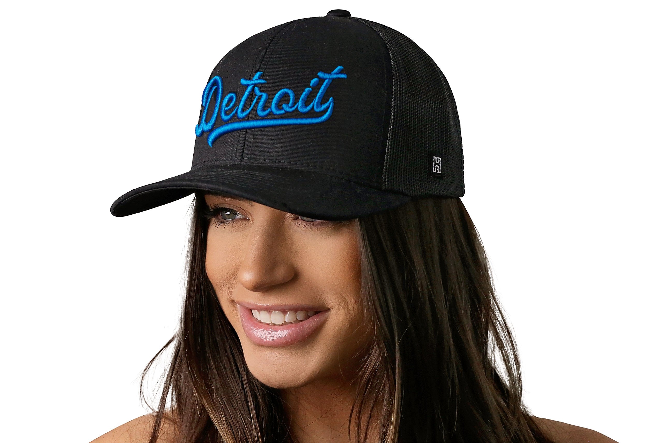 Detroit Blue Script Trucker Hat  |  Black Michigan Snapback