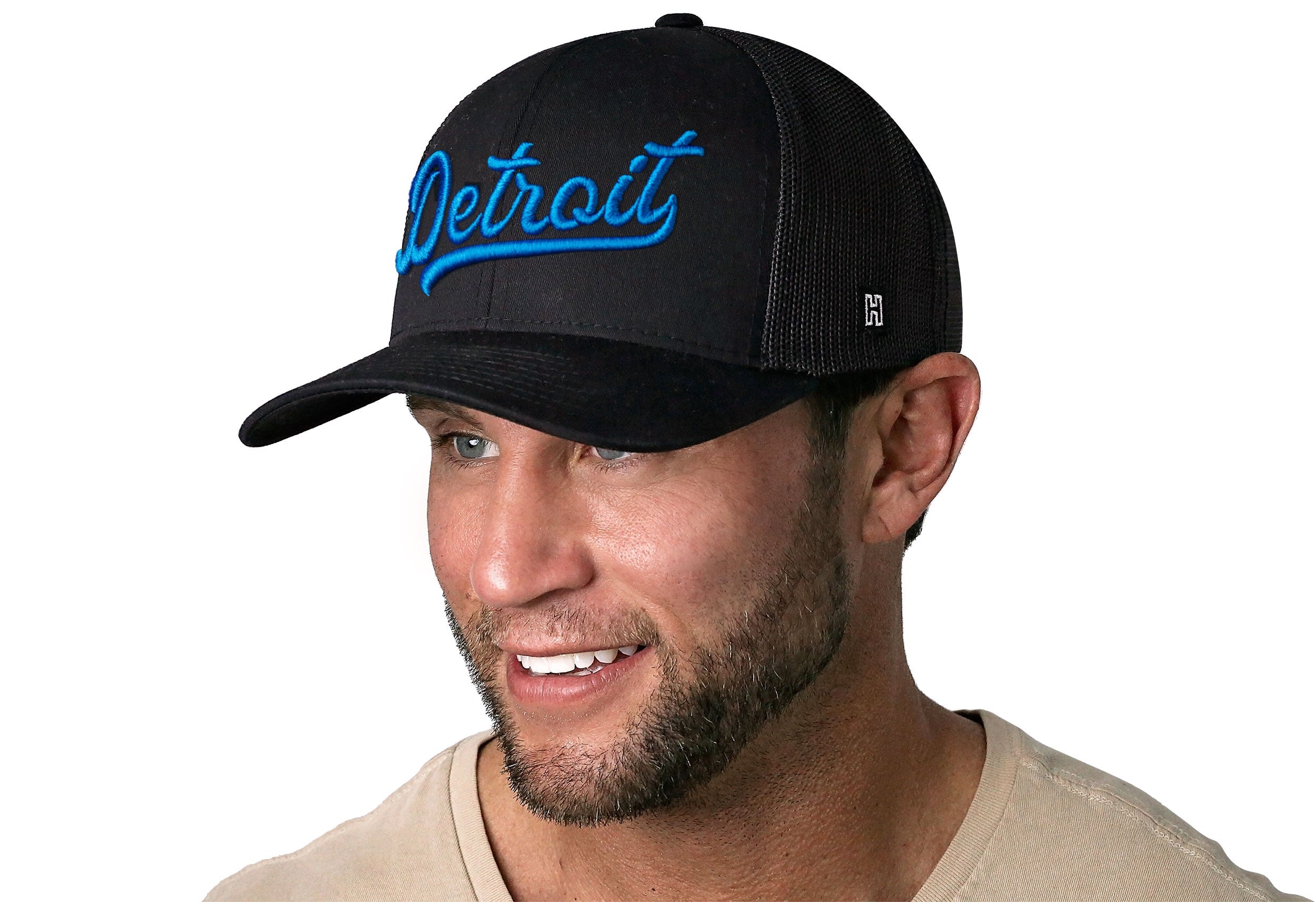 Detroit Blue Script Trucker Hat  |  Black Michigan Snapback