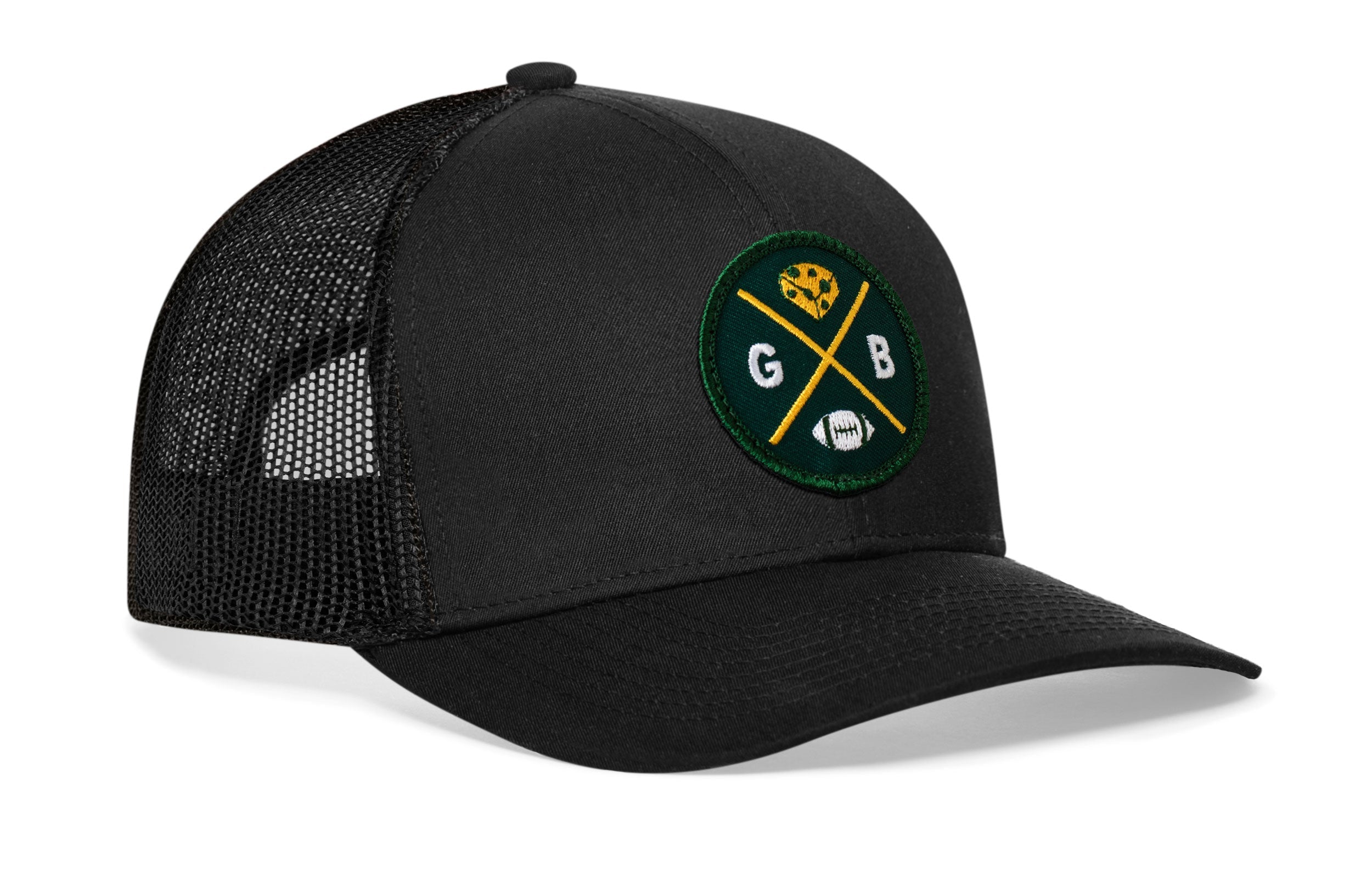 Green Bay Trucker Hat  |  Black GB Cheese X Football Snapback