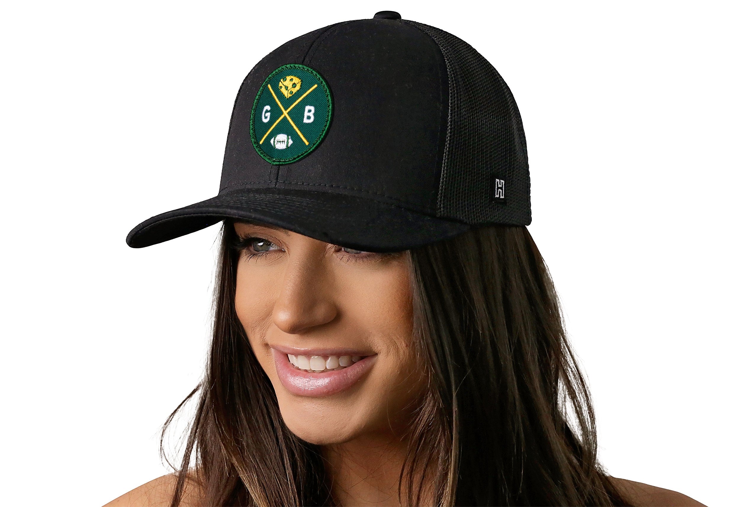Green Bay Trucker Hat  |  Black GB Cheese X Football Snapback