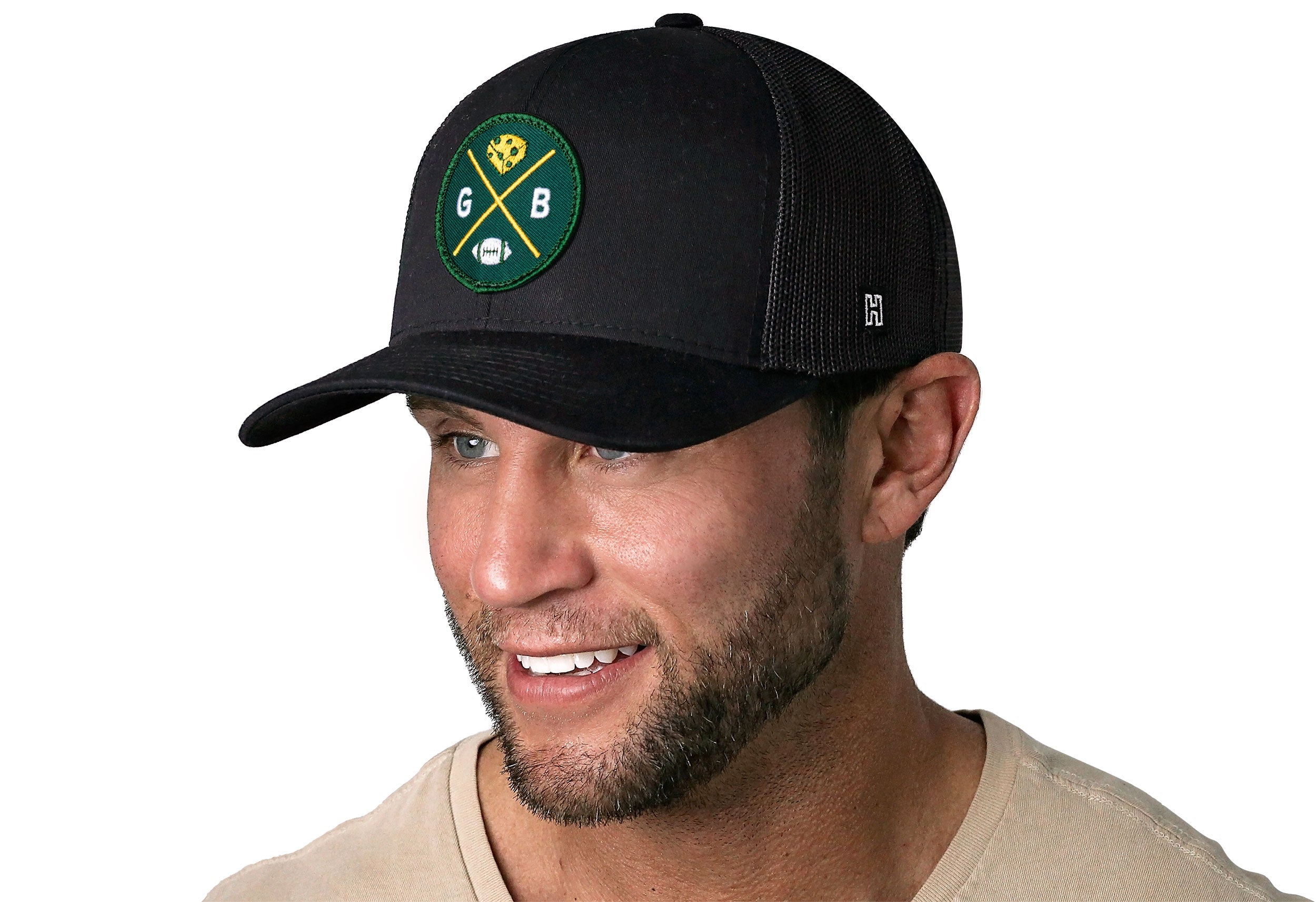 Green Bay Trucker Hat  |  Black GB Cheese X Football Snapback